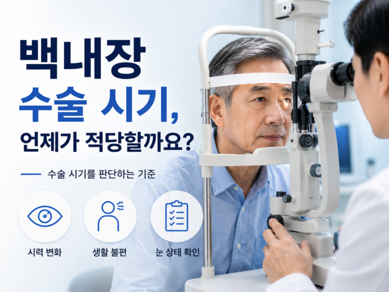 백내장 수술 시기를 확인하기 위해 안과 검사를 받는 장면