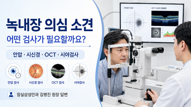 녹내장 의심 소견 후 안압 시신경 OCT 시야검사를 받는 모습