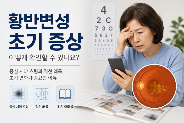 황반변성 초기 증상으로 나타날 수 있는 중심 시야 흐림과 직선 왜곡