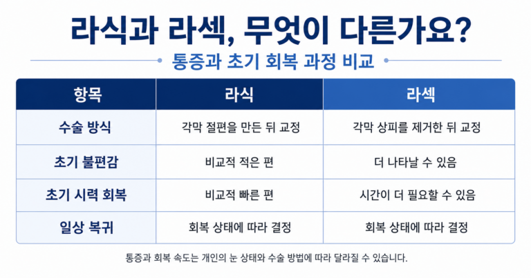 라식과 라섹의 수술 방식, 초기 불편감 및 회복 과정 비교표
