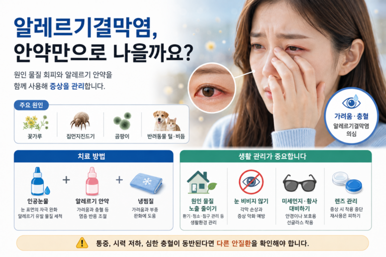 알레르기결막염 치료법인 알레르기 안약과 원인 물질 회피를 설명하는 의료정보 이미지