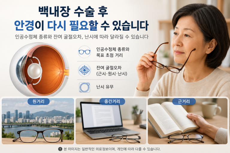 백내장 수술 후 인공수정체 종류와 잔여 굴절오차에 따라 안경이 필요할 수 있는 이유를 설명하는 의료정보 이미지