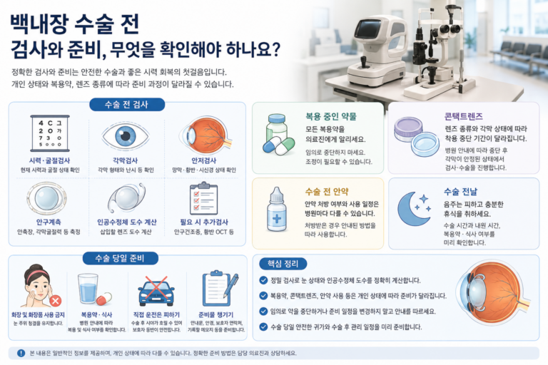 백내장 수술 전 안구 검사와 복용약, 콘택트렌즈, 수술 당일 준비사항을 설명하는 의료정보 이미지