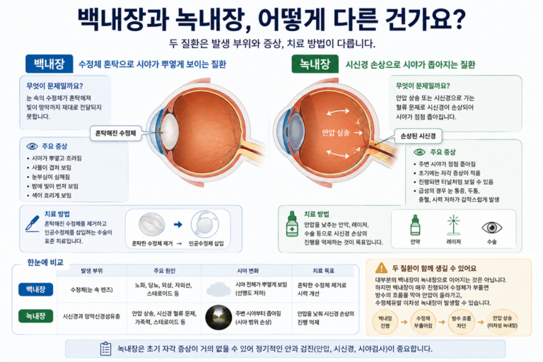 백내장과 녹내장의 차이를 수정체와 시신경 위치로 비교한 의료정보 이미지