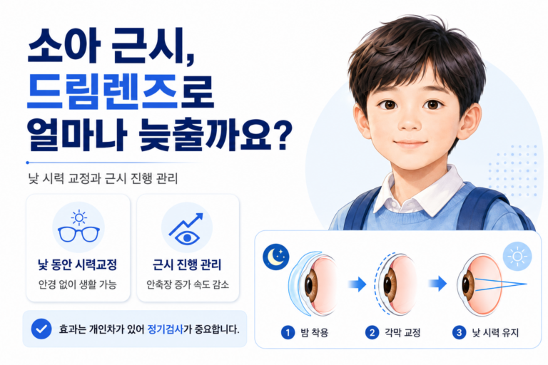 소아 근시 드림렌즈의 시력교정과 안축장 증가 억제 효과를 설명하는 의료정보 이미지
