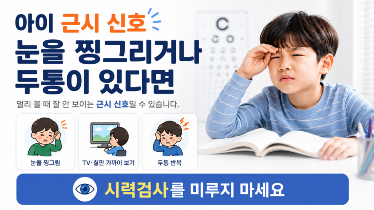 아이 근시 신호인 눈 찡그림과 TV를 가까이 보는 행동 및 두통을 설명하는 의료정보 이미지