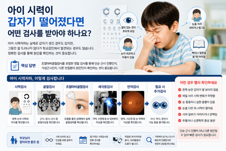 아이의 시력이 갑자기 떨어졌을 때 시력검사와 굴절검사, 조절마비굴절검사 등을 확인하는 과정을 설명한 의료정보 이미지