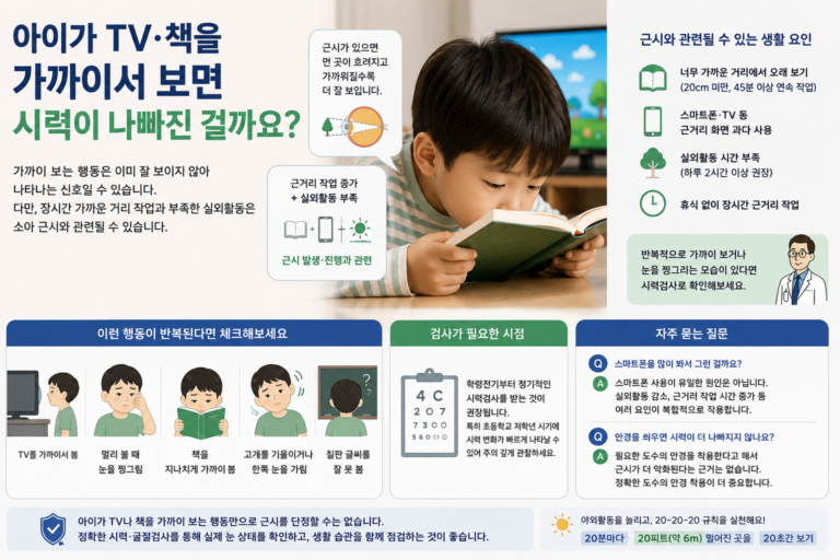 아이가 TV와 책을 가까이서 볼 때 근시 가능성과 시력검사가 필요한 신호를 설명한 의료정보 이미지