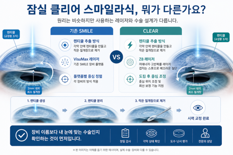 잠실 클리어 스마일라식과 기존 스마일라식의 렌티큘 추출 방식 차이를 설명한 의료정보 이미지