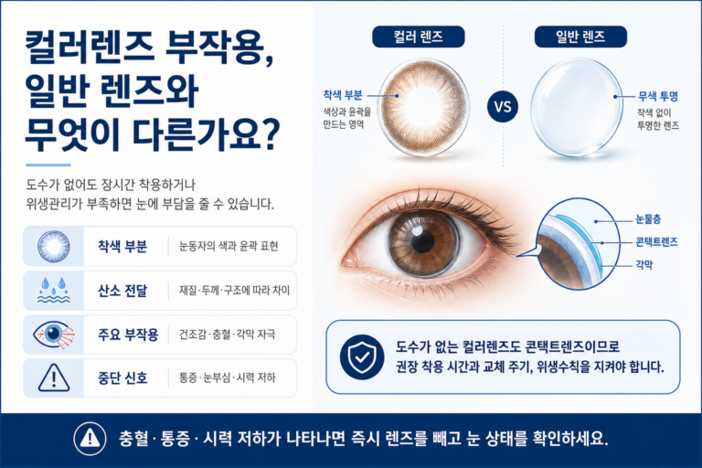 컬러렌즈 부작용과 일반 투명렌즈의 차이를 설명하는 의료정보 이미지