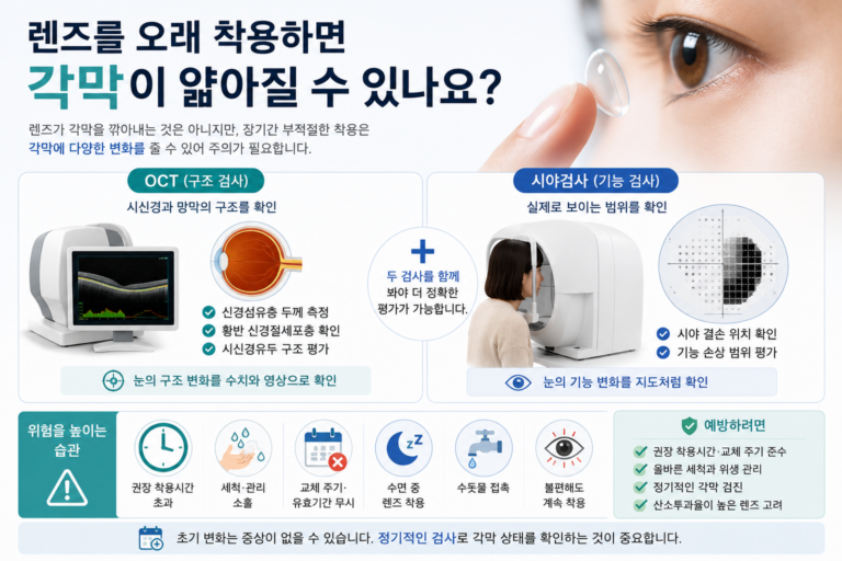 콘택트렌즈 장기 착용과 각막 두께, 산소 부족 및 각막 변화의 관계를 설명한 의료정보 이미지