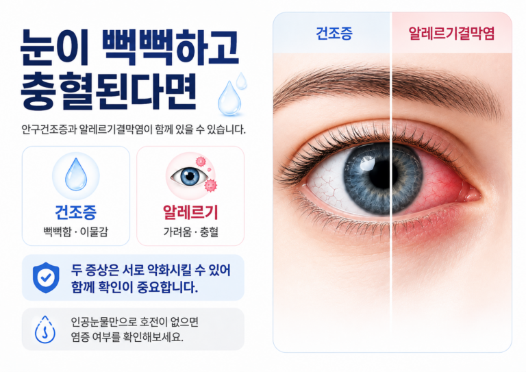 안구건조증 충혈과 알레르기결막염의 가려움 및 눈물 증상을 비교한 의료정보 이미지