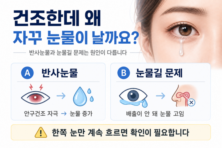 안구건조증 눈물흘림증에서 반사눈물과 눈물길 배출장애의 차이를 설명하는 의료정보 이미지