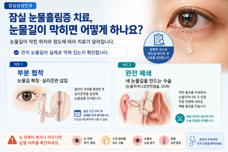 눈물흘림증 치료에서 눈물길 부분 협착과 완전 폐쇄의 치료 차이를 설명하는 의료정보 이미지