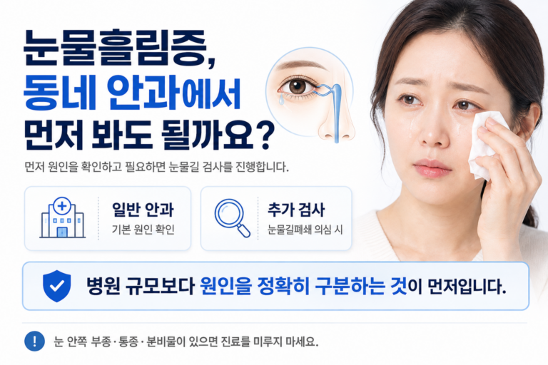 잠실 눈물흘림증 안과 진료에서 일반 안과 평가와 눈물길 추가 검사가 필요한 경우를 설명한 이미지