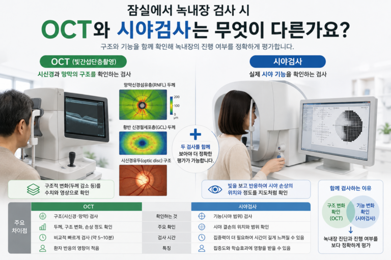 잠실 녹내장 검사에서 OCT는 시신경 구조를, 시야검사는 시야 기능을 확인하는 차이를 설명한 의료정보 이미지