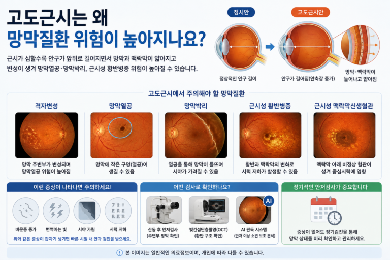 고도근시에서 안축장이 길어지면서 망막과 맥락막에 변화가 생겨 망막질환 위험이 높아질 수 있는 이유를 설명한 의료정보 이미지