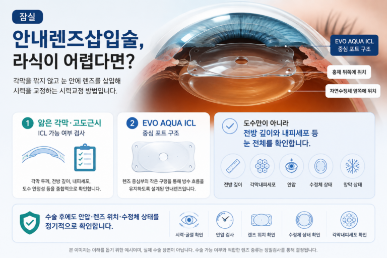 잠실 안내렌즈삽입술 ICL에서 홍채 뒤와 수정체 앞에 삽입되는 렌즈 위치를 설명한 의료정보 이미지