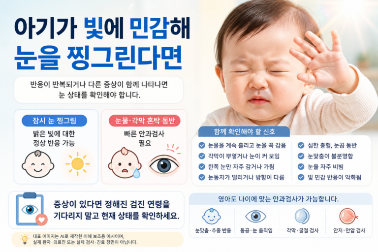 아기 빛 민감 반응과 눈물 및 각막 혼탁 등 안과검사가 필요한 증상을 설명하는 의료정보 이미지