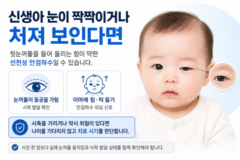 잠실 신생아 안검하수로 눈꺼풀이 처지고 두 눈 크기가 달라 보이는 의료정보 이미지