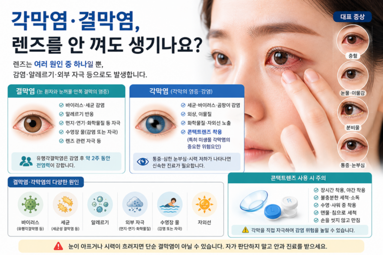 각막염 결막염은 렌즈 없이도 발생하며 콘택트렌즈가 각막염 위험을 높일 수 있음을 설명하는 의료정보 이미지