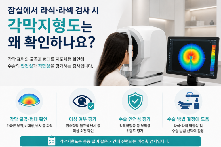 잠실 라식·라섹 검사에서 각막지형도로 각막의 굴곡과 비대칭, 원추각막 위험을 확인하는 이유를 설명한 의료정보 이미지