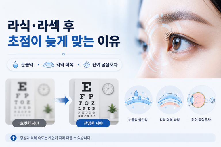 라식·라섹 후 눈물막 불안정과 각막 회복 등으로 초점이 늦게 맞는 느낌이 나타날 수 있는 이유를 설명한 의료정보 이미지