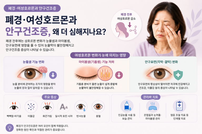 폐경 전후 성호르몬 변화와 눈물막 및 마이봄샘의 관계를 설명하는 안구건조증 의료정보 이미지