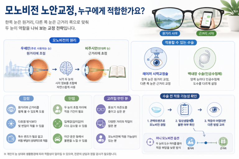 모노비전 노안교정에서 한쪽 눈은 원거리, 다른 쪽 눈은 근거리 시야를 담당하는 원리를 설명한 의료정보 이미지