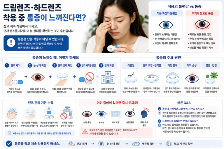 드림렌즈와 하드렌즈 착용 중 통증이 생겼을 때 렌즈 제거와 안과 확인이 필요한 상황을 설명한 의료정보 이미지