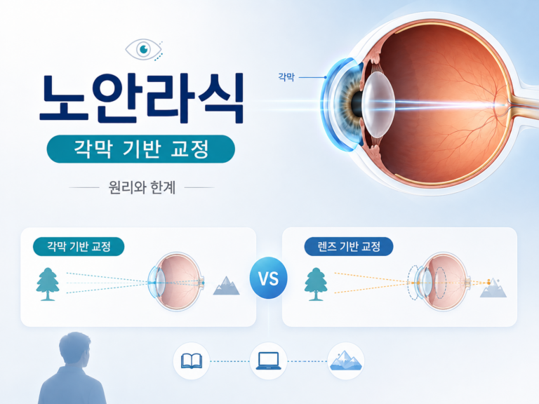노안라식의 각막 기반 교정 원리와 수정체 기반 교정의 차이를 설명하는 의료정보 이미지