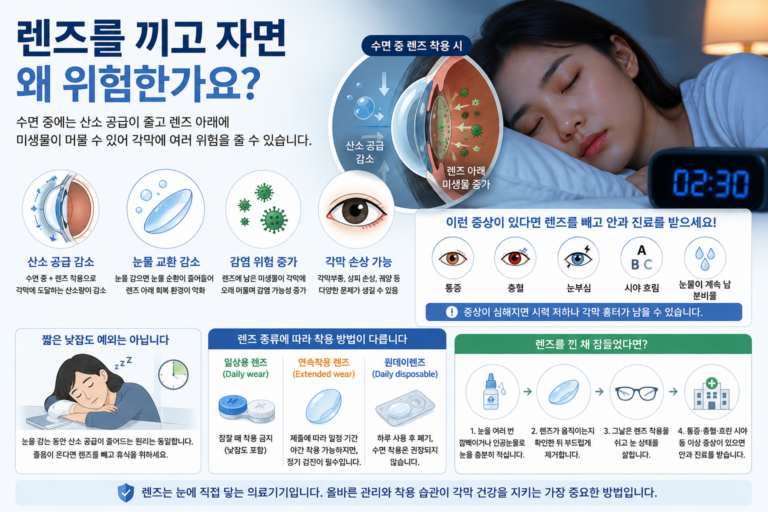 콘택트렌즈를 착용한 채 잠들었을 때 각막 산소 공급 감소와 감염 위험이 높아질 수 있는 이유를 설명한 의료정보 이미지