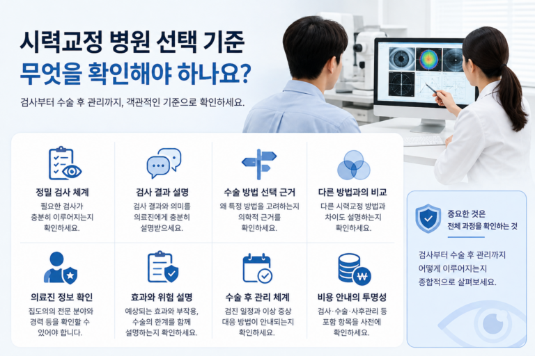 시력교정 병원 선택 시 정밀 검사, 검사 결과 설명, 의료진 정보, 수술 후 관리 등 확인 기준을 설명하는 의료정보 이미지