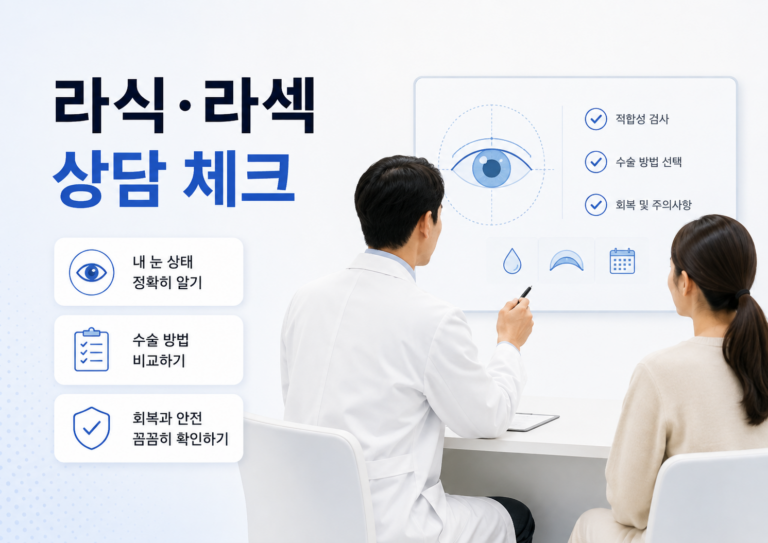 라식 라섹 상담에서 수술 방법 선택 이유와 각막 상태, 회복 및 안전 관련 확인 항목을 설명하는 의료정보 이미지